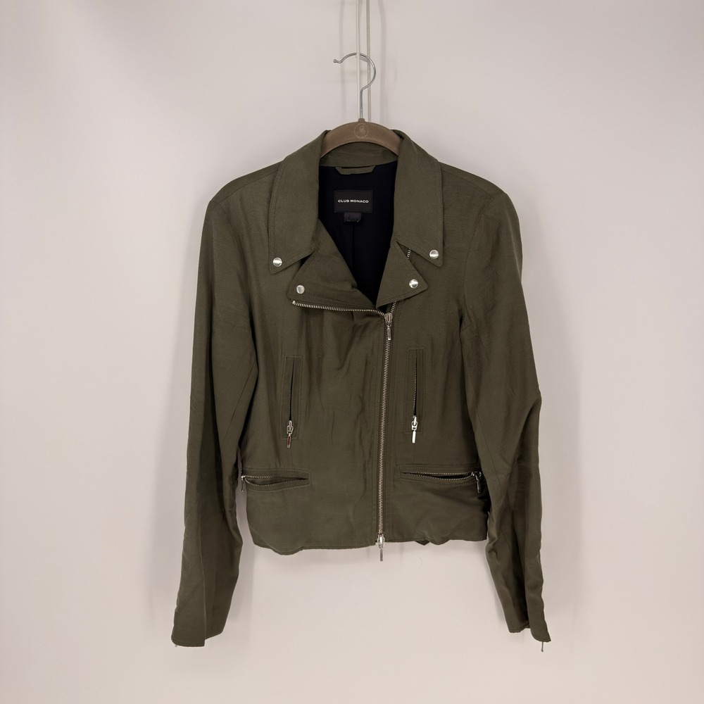 Club Monaco Moto Jacket Women XS Olive Green Streetwear Cupro Biker Utility Edgy